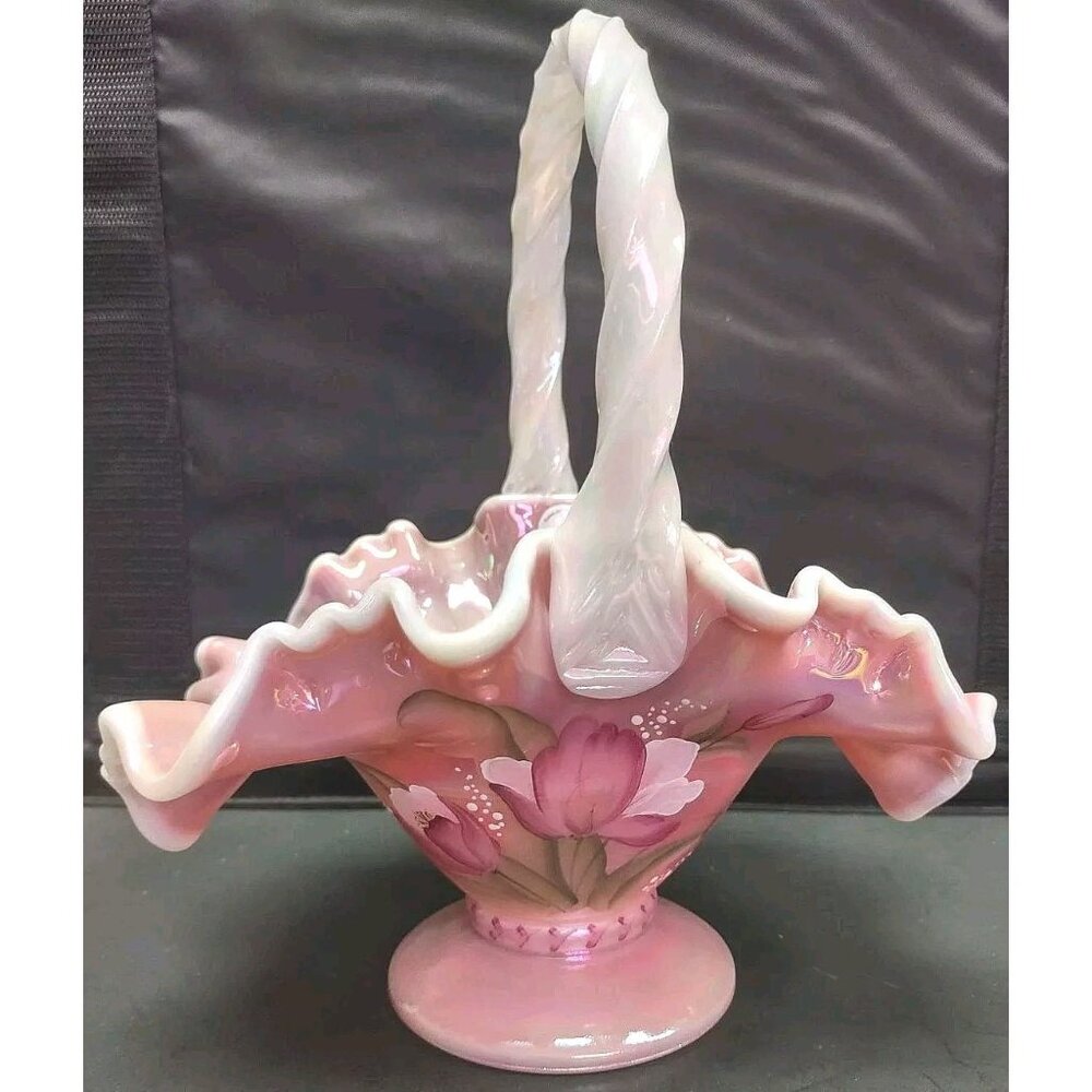 Fenton Legacy Collection Basket Hand Painted Rosalene Ruffled Tulips 95th Year